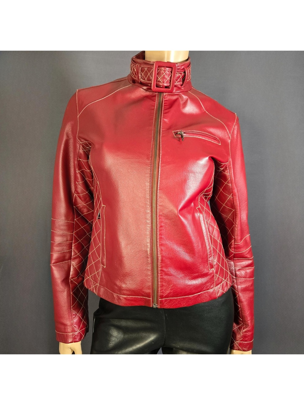 Vintage Y2K Red Leather Moto Jacket With Oversized Buckles Size S Grunge Rocker
